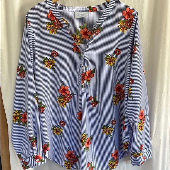 Blue and White Striped Blouse with Floral Design - Picture 1 of 7